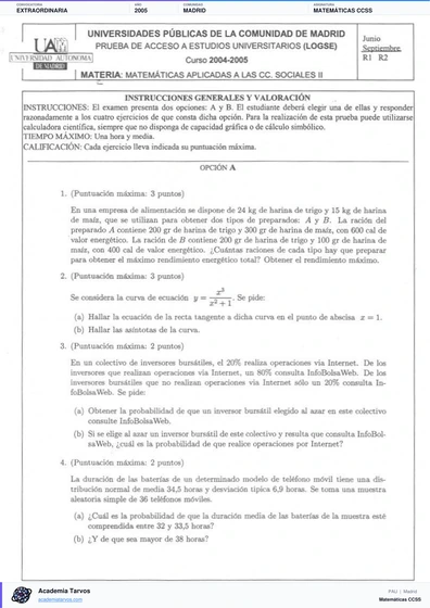 Vista previa de Examen PAU de Matemáticas CCSS de Comunidad de Madrid 2005 – Extraordinaria