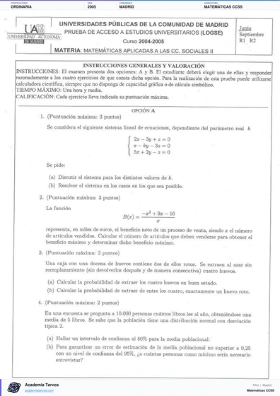Vista previa de Examen PAU de Matemáticas CCSS de Comunidad de Madrid 2005 – Ordinaria
