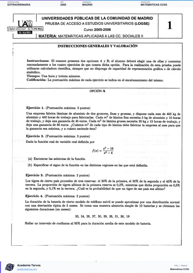 Vista previa de Examen PAU de Matemáticas CCSS de Comunidad de Madrid 2006 – Extraordinaria