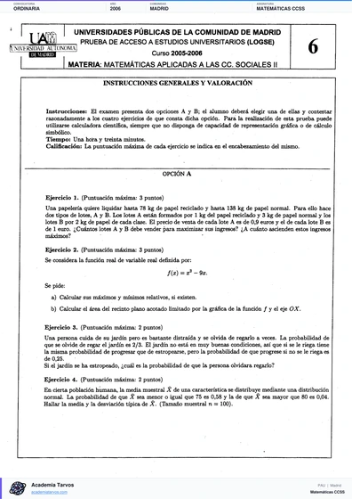 Vista previa de Examen PAU de Matemáticas CCSS de Comunidad de Madrid 2006 – Ordinaria
