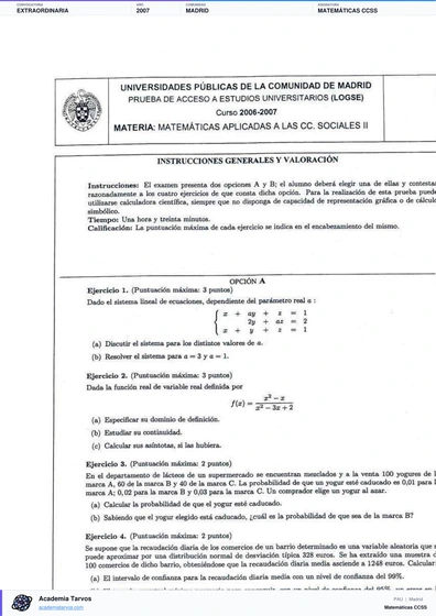 Vista previa de Examen PAU de Matemáticas CCSS de Comunidad de Madrid 2007 – Extraordinaria