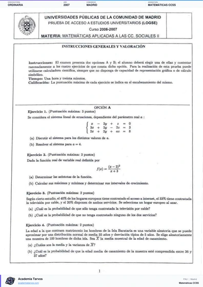 Vista previa de Examen PAU de Matemáticas CCSS de Comunidad de Madrid 2007 – Ordinaria