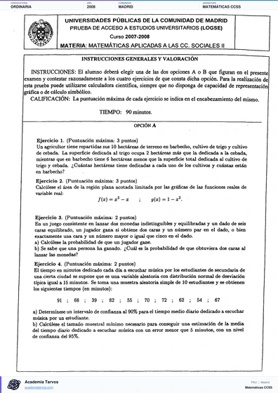 Vista previa de Examen PAU de Matemáticas CCSS de Comunidad de Madrid 2008 – Ordinaria