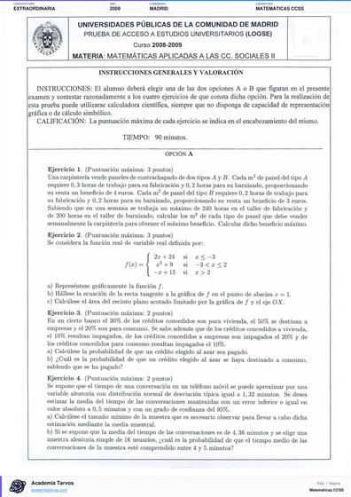 Vista previa de Examen PAU de Matemáticas CCSS de Comunidad de Madrid 2009 – Extraordinaria