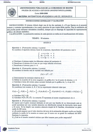 Vista previa de Examen PAU de Matemáticas CCSS de Comunidad de Madrid 2009 – Ordinaria