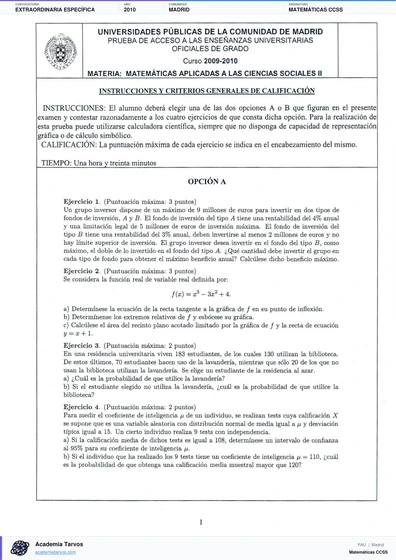 Vista previa de Examen PAU de Matemáticas CCSS de Comunidad de Madrid 2010 – Extraordinaria Específica