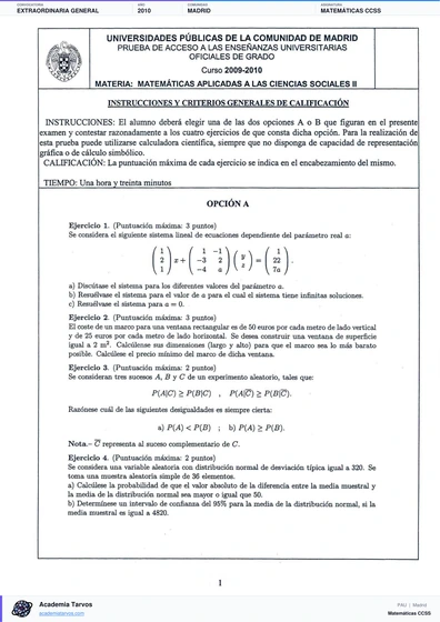 Vista previa de Examen PAU de Matemáticas CCSS de Comunidad de Madrid 2010 – Extraordinaria General