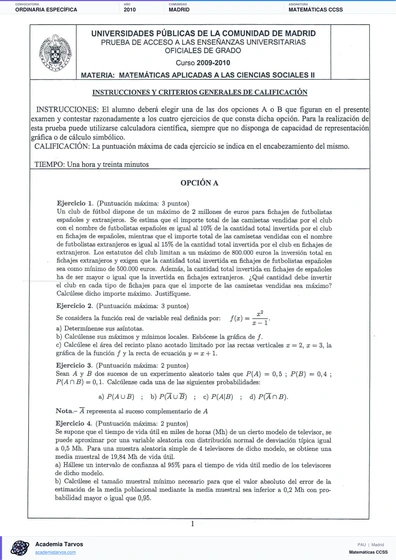 Vista previa de Examen PAU de Matemáticas CCSS de Comunidad de Madrid 2010 – Ordinaria Específica