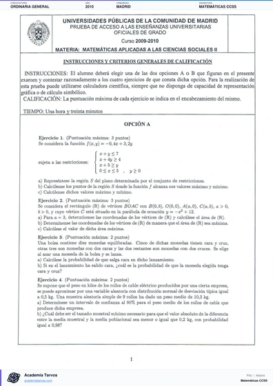 Vista previa de Examen PAU de Matemáticas CCSS de Comunidad de Madrid 2010 – Ordinaria General