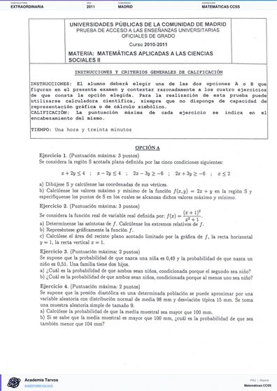Vista previa de Examen PAU de Matemáticas CCSS de Comunidad de Madrid 2011 – Extraordinaria