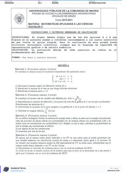 Vista previa de Examen PAU de Matemáticas CCSS de Comunidad de Madrid 2011 – Ordinaria