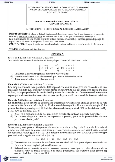 Vista previa de Examen PAU de Matemáticas CCSS de Comunidad de Madrid 2012 – Ordinaria