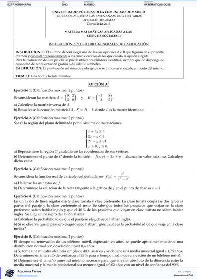 Vista previa de Examen PAU de Matemáticas CCSS de Comunidad de Madrid 2013 – Extraordinaria