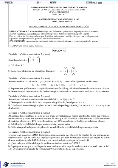 Vista previa de Examen PAU de Matemáticas CCSS de Comunidad de Madrid 2013 – Ordinaria