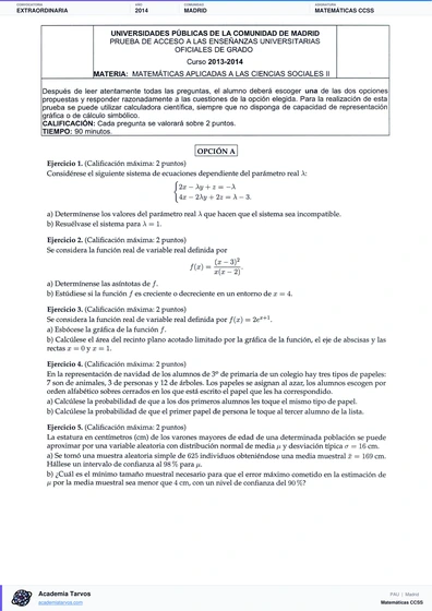 Vista previa de Examen PAU de Matemáticas CCSS de Comunidad de Madrid 2014 – Extraordinaria