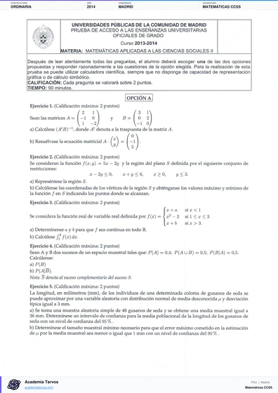 Vista previa de Examen PAU de Matemáticas CCSS de Comunidad de Madrid 2014 – Ordinaria