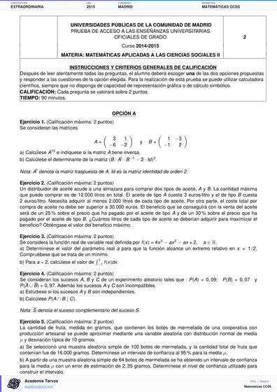 Vista previa de Examen PAU de Matemáticas CCSS de Comunidad de Madrid 2015 – Extraordinaria