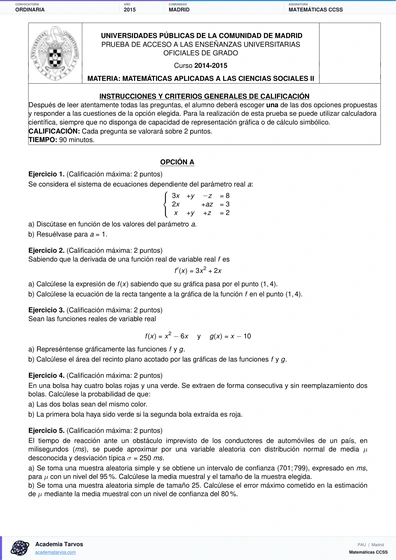 Vista previa de Examen PAU de Matemáticas CCSS de Comunidad de Madrid 2015 – Ordinaria