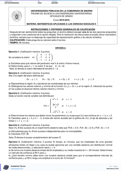 Vista previa de Examen PAU de Matemáticas CCSS de Comunidad de Madrid 2016 – Extraordinaria