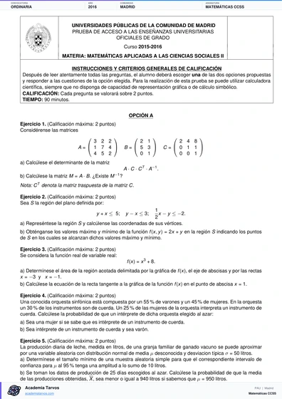 Vista previa de Examen PAU de Matemáticas CCSS de Comunidad de Madrid 2016 – Ordinaria