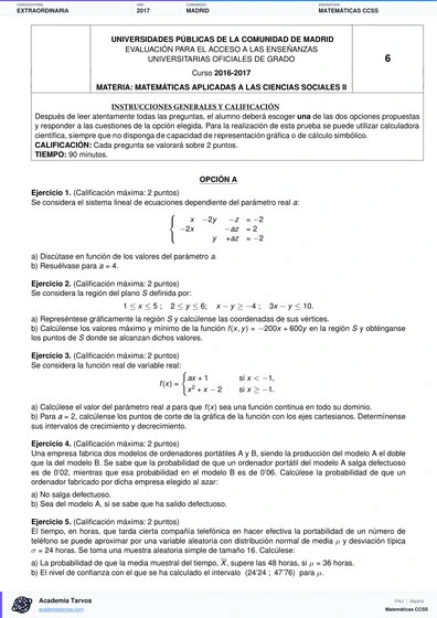 Vista previa de Examen PAU de Matemáticas CCSS de Comunidad de Madrid 2017 – Extraordinaria