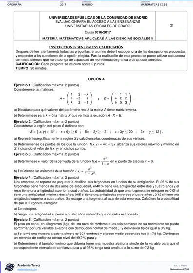 Vista previa de Examen PAU de Matemáticas CCSS de Comunidad de Madrid 2017 – Ordinaria