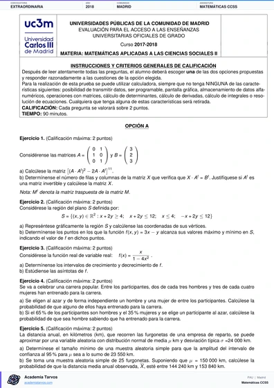 Vista previa de Examen PAU de Matemáticas CCSS de Comunidad de Madrid 2018 – Extraordinaria