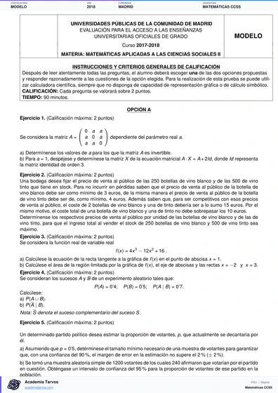 Vista previa de Modelo PAU de Matemáticas CCSS de Comunidad de Madrid 2018