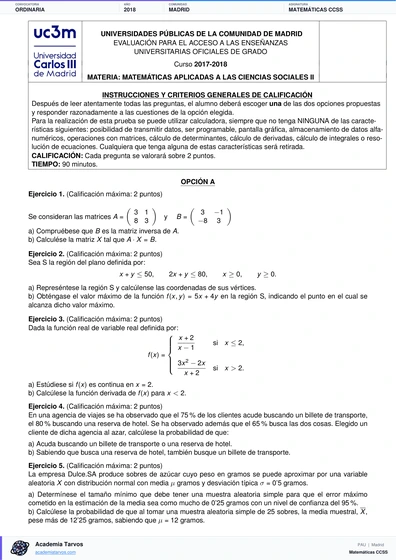 Vista previa de Examen PAU de Matemáticas CCSS de Comunidad de Madrid 2018 – Ordinaria