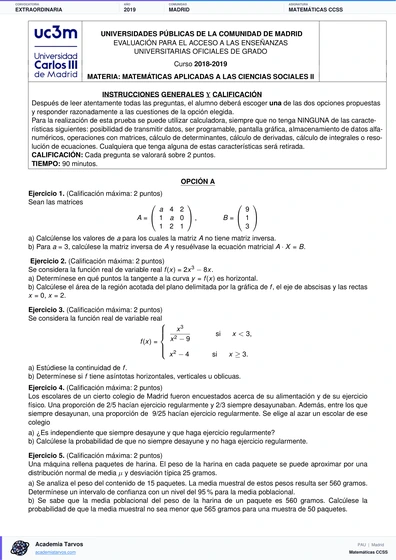 Vista previa de Examen PAU de Matemáticas CCSS de Comunidad de Madrid 2019 – Extraordinaria