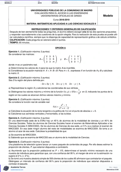 Vista previa de Modelo PAU de Matemáticas CCSS de Comunidad de Madrid 2019