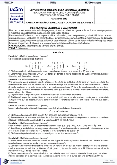 Vista previa de Examen PAU de Matemáticas CCSS de Comunidad de Madrid 2019 – Ordinaria