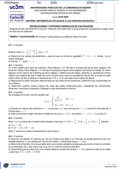 Vista previa de Examen PAU de Matemáticas CCSS de Comunidad de Madrid 2020 – Extraordinaria
