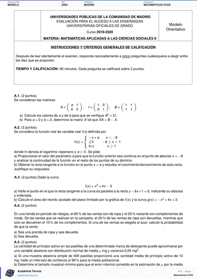 Vista previa de Modelo PAU de Matemáticas CCSS de Comunidad de Madrid 2020