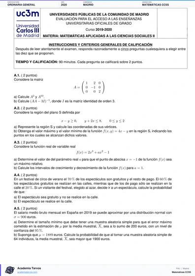 Vista previa de Examen PAU de Matemáticas CCSS de Comunidad de Madrid 2020 – Ordinaria General