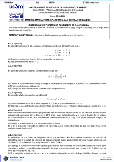 Vista previa de Examen PAU de Matemáticas CCSS de Comunidad de Madrid 2020 – Ordinaria