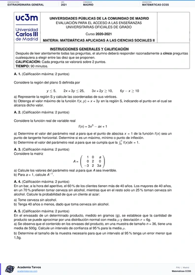 Vista previa de Examen PAU de Matemáticas CCSS de Comunidad de Madrid 2021 – Extraordinaria General