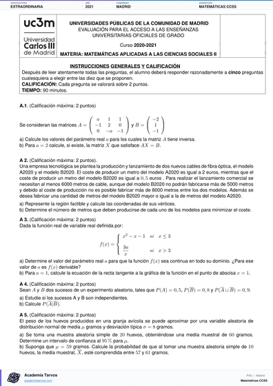 Vista previa de Examen PAU de Matemáticas CCSS de Comunidad de Madrid 2021 – Extraordinaria
