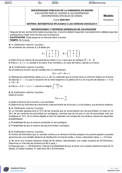 Vista previa de Modelo PAU de Matemáticas CCSS de Comunidad de Madrid 2021