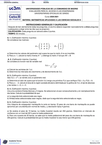 Vista previa de Examen PAU de Matemáticas CCSS de Comunidad de Madrid 2021 – Ordinaria General