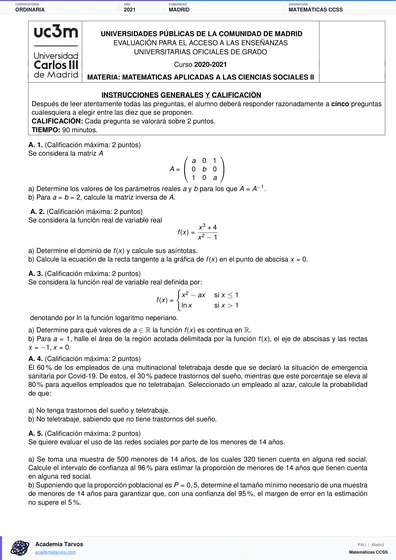 Vista previa de Examen PAU de Matemáticas CCSS de Comunidad de Madrid 2021 – Ordinaria