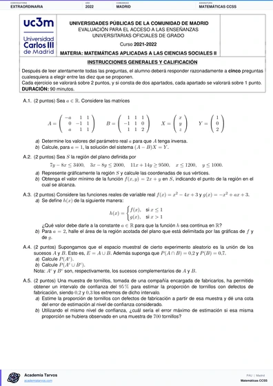 Vista previa de Examen PAU de Matemáticas CCSS de Comunidad de Madrid 2022 – Extraordinaria