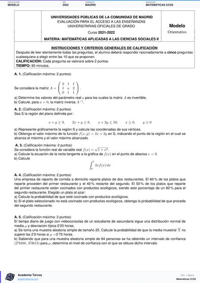 Vista previa de Modelo PAU de Matemáticas CCSS de Comunidad de Madrid 2022