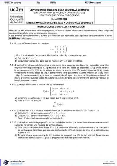 Vista previa de Examen PAU de Matemáticas CCSS de Comunidad de Madrid 2022 – Ordinaria General