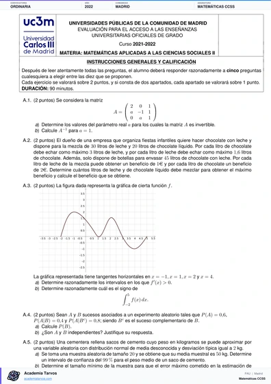 Vista previa de Examen PAU de Matemáticas CCSS de Comunidad de Madrid 2022 – Ordinaria