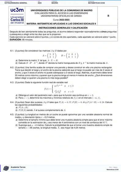 Vista previa de Examen PAU de Matemáticas CCSS de Comunidad de Madrid 2023 – Extraordinaria General