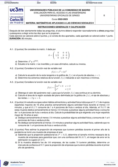 Vista previa de Examen PAU de Matemáticas CCSS de Comunidad de Madrid 2023 – Extraordinaria