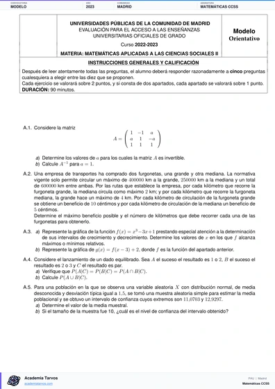 Vista previa de Modelo PAU de Matemáticas CCSS de Comunidad de Madrid 2023