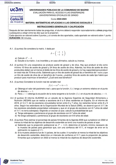 Vista previa de Examen PAU de Matemáticas CCSS de Comunidad de Madrid 2023 – Ordinaria General