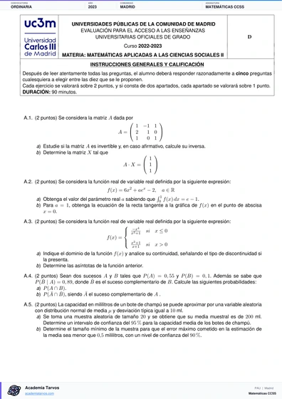 Vista previa de Examen PAU de Matemáticas CCSS de Comunidad de Madrid 2023 – Ordinaria